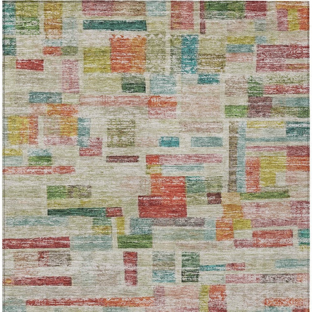 9' X 12' Terra Cotta Green And Brown Striped Washable Indoor Outdoor Area Rug