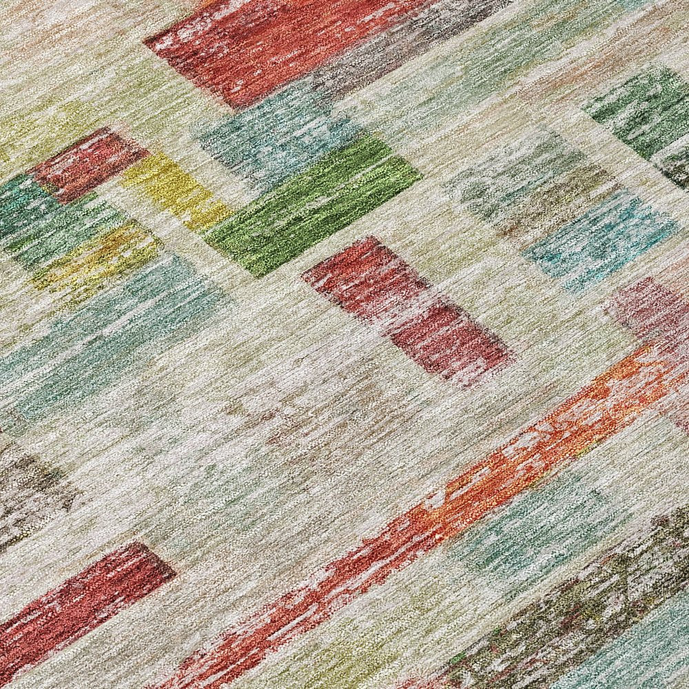 9' X 12' Terra Cotta Green And Brown Striped Washable Indoor Outdoor Area Rug