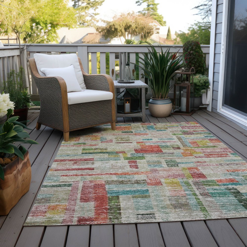 9' X 12' Terra Cotta Green And Brown Striped Washable Indoor Outdoor Area Rug