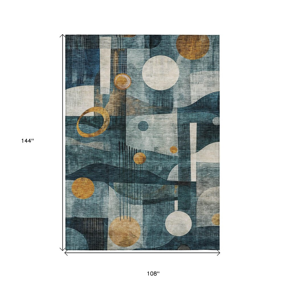 9' X 12' Teal Blue Ivory And Gold Geometric Washable Indoor Outdoor Area Rug