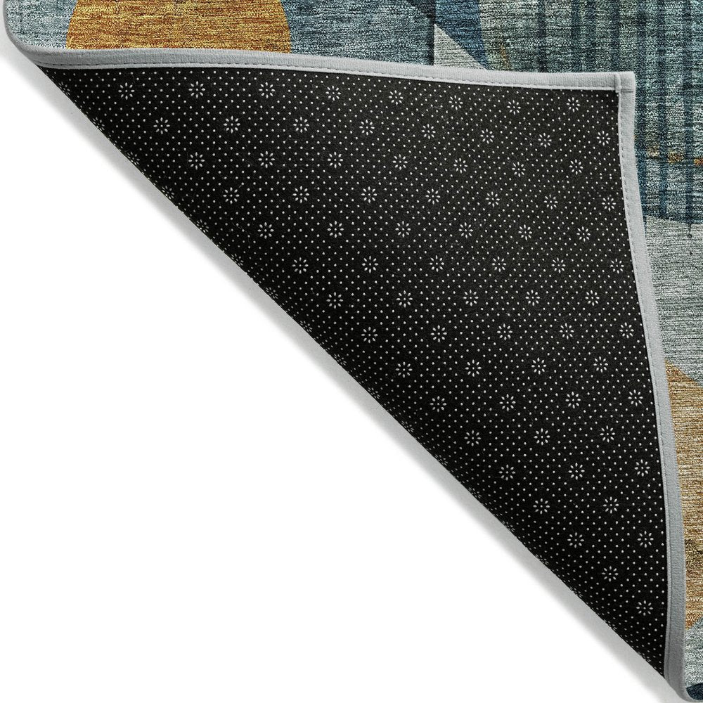 9' X 12' Teal Blue Ivory And Gold Geometric Washable Indoor Outdoor Area Rug
