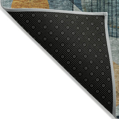 9' X 12' Teal Blue Ivory And Gold Geometric Washable Indoor Outdoor Area Rug