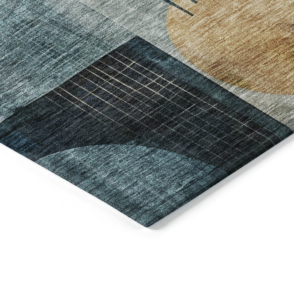 9' X 12' Teal Blue Ivory And Gold Geometric Washable Indoor Outdoor Area Rug