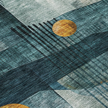 9' X 12' Teal Blue Ivory And Gold Geometric Washable Indoor Outdoor Area Rug