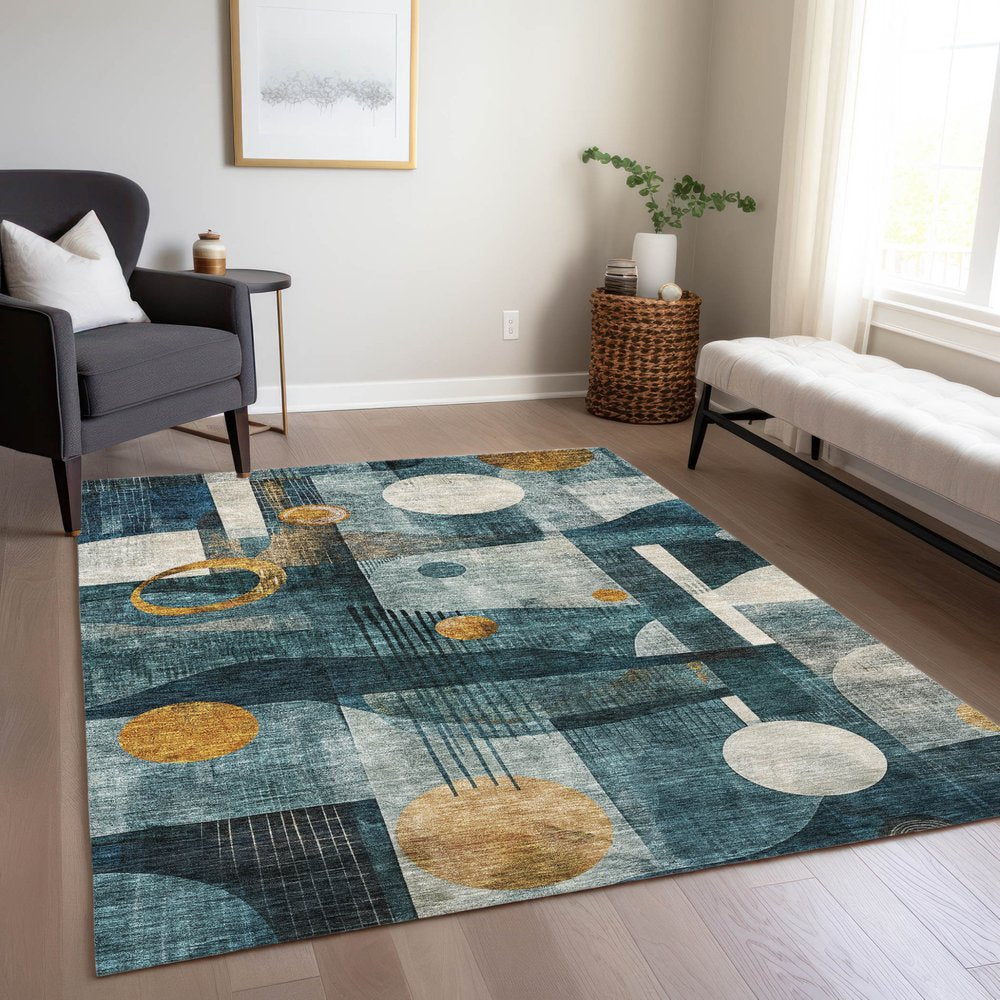 9' X 12' Teal Blue Ivory And Gold Geometric Washable Indoor Outdoor Area Rug
