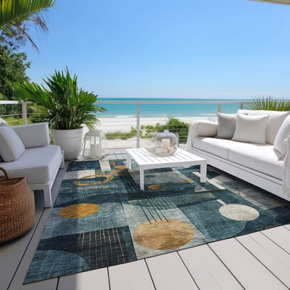 9' X 12' Teal Blue Ivory And Gold Geometric Washable Indoor Outdoor Area Rug