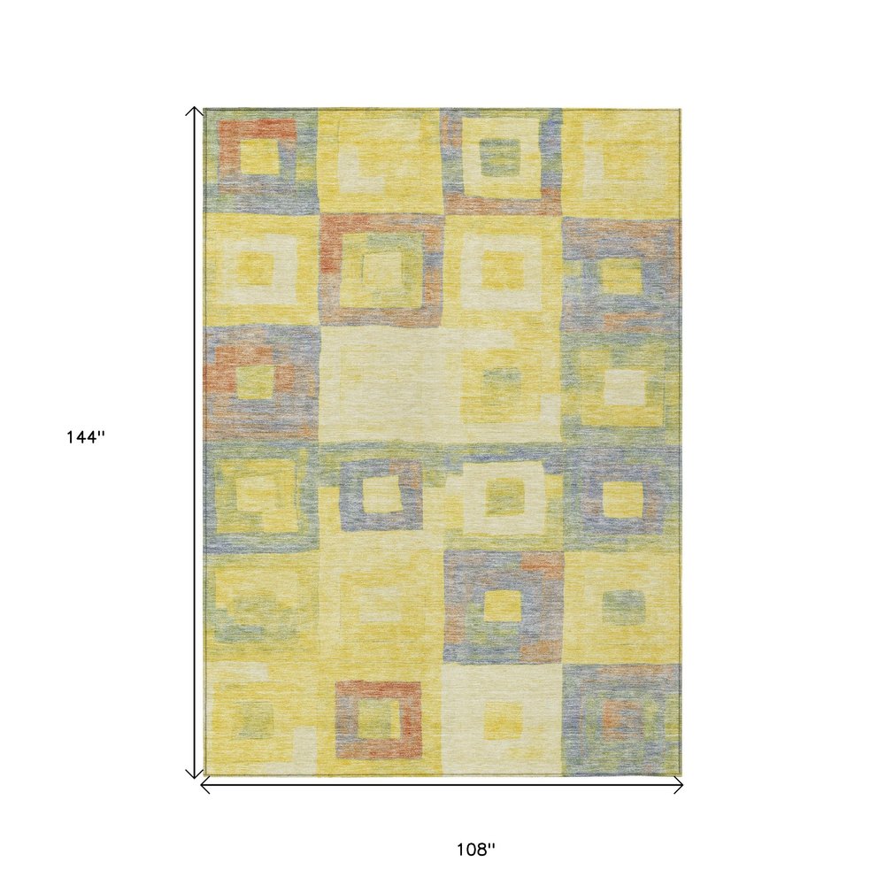 9' X 12' Yellow Blue And Terra Cotta Geometric Washable Indoor Outdoor Area Rug