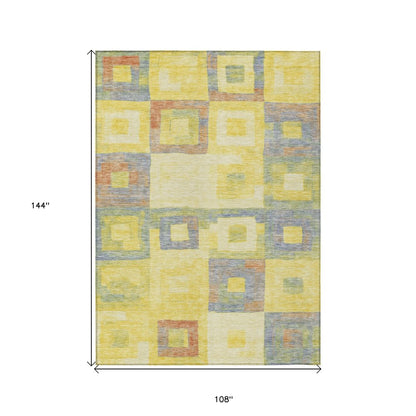 9' X 12' Yellow Blue And Terra Cotta Geometric Washable Indoor Outdoor Area Rug
