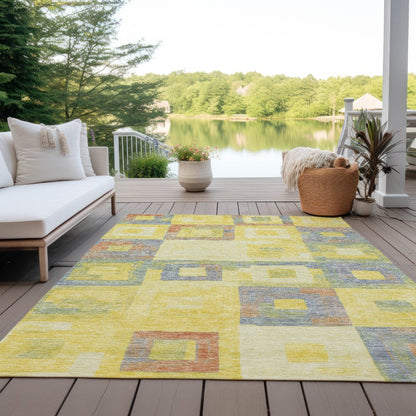 9' X 12' Yellow Blue And Terra Cotta Geometric Washable Indoor Outdoor Area Rug