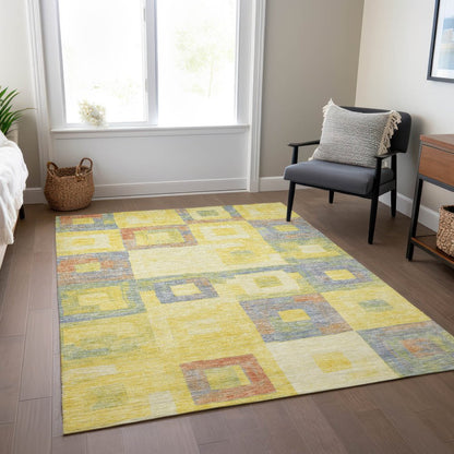 9' X 12' Yellow Blue And Terra Cotta Geometric Washable Indoor Outdoor Area Rug