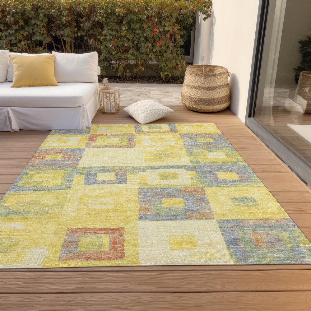 9' X 12' Yellow Blue And Terra Cotta Geometric Washable Indoor Outdoor Area Rug