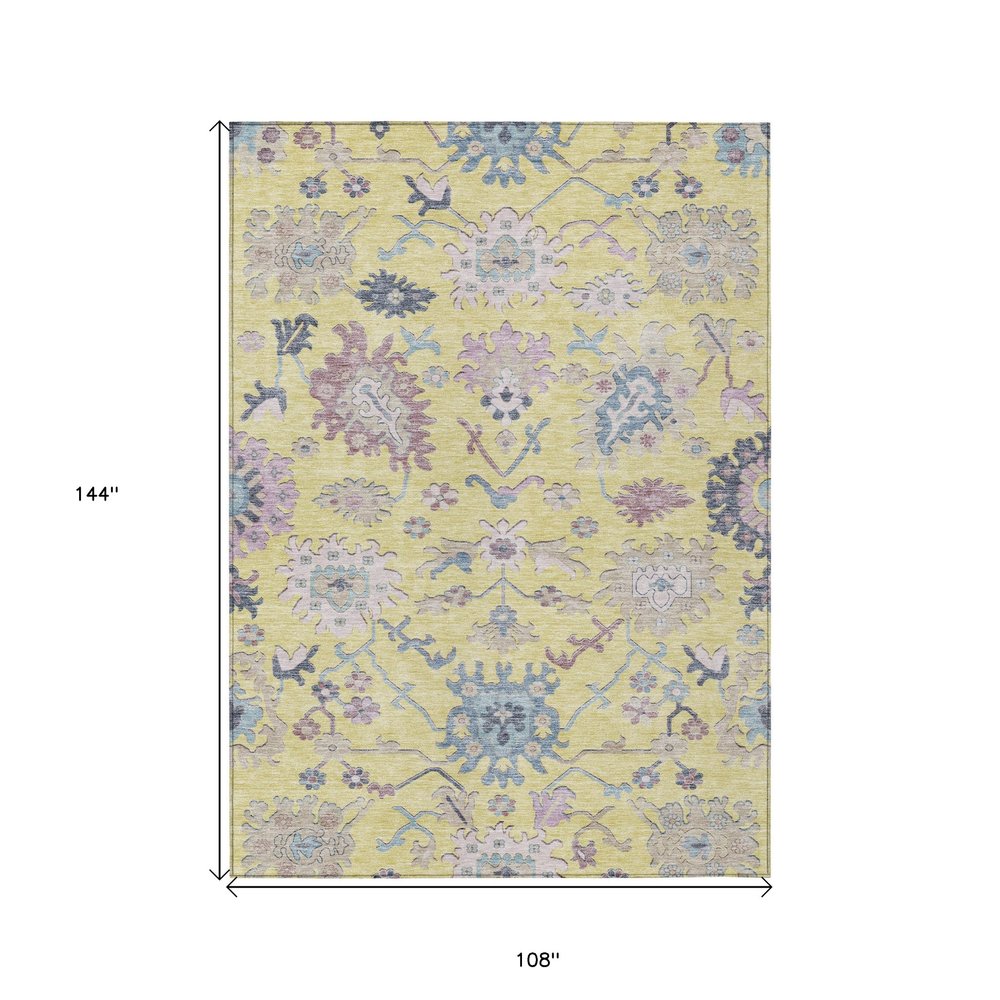 9' X 12' Yellow Lavender And Denim Blue Floral Washable Indoor Outdoor Area Rug