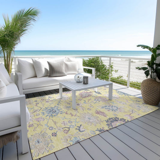 9' X 12' Yellow Lavender And Denim Blue Floral Washable Indoor Outdoor Area Rug