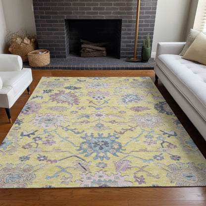 9' X 12' Yellow Lavender And Denim Blue Floral Washable Indoor Outdoor Area Rug
