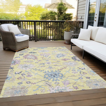 9' X 12' Yellow Lavender And Denim Blue Floral Washable Indoor Outdoor Area Rug