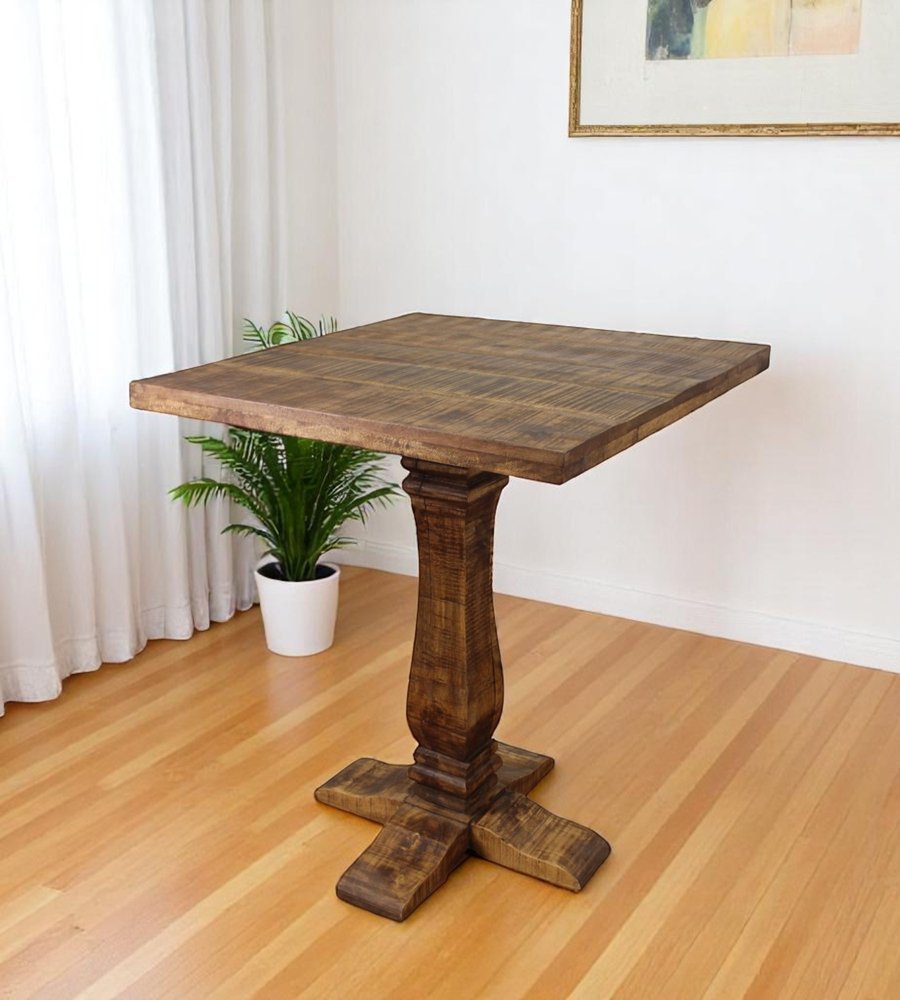 36" Brown Solid Wood Square Pedestal Bar Table