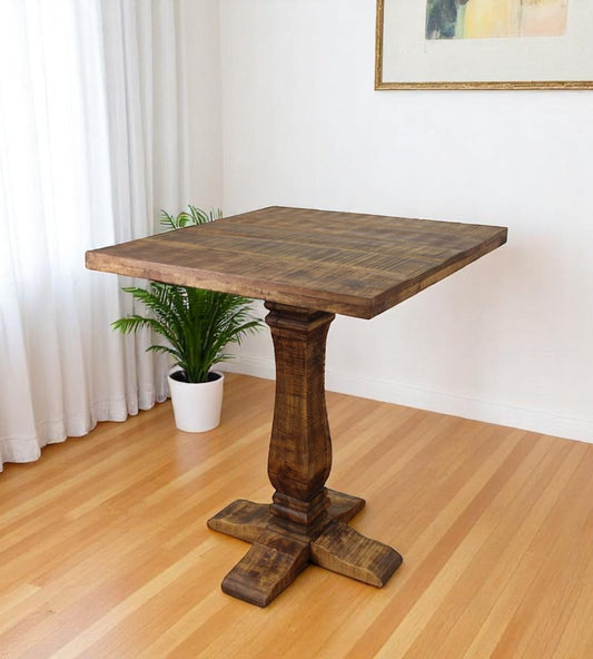 36" Brown Solid Wood Square Pedestal Bar Table