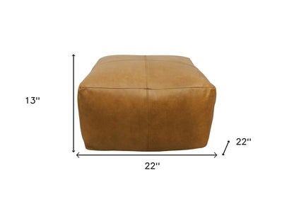22" Tan Genuine Leather Pouf Ottoman