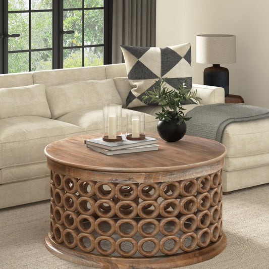 39" Brown Solid Wood Round Distressed Drum Coffee Table