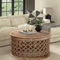 39" Brown Solid Wood Round Distressed Drum Coffee Table