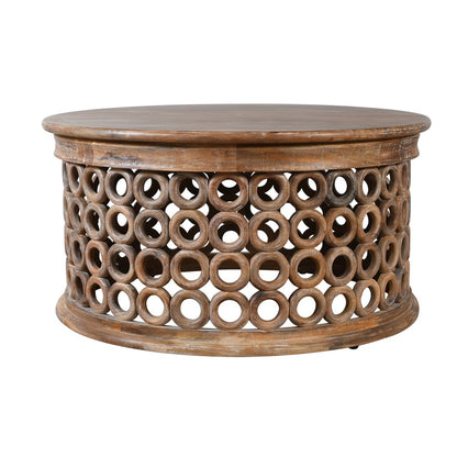 39" Brown Solid Wood Round Distressed Drum Coffee Table