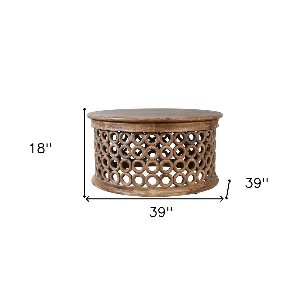 39" Brown Solid Wood Round Distressed Drum Coffee Table