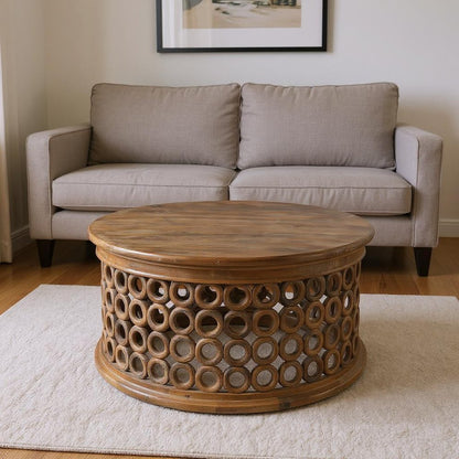 39" Brown Solid Wood Round Distressed Drum Coffee Table