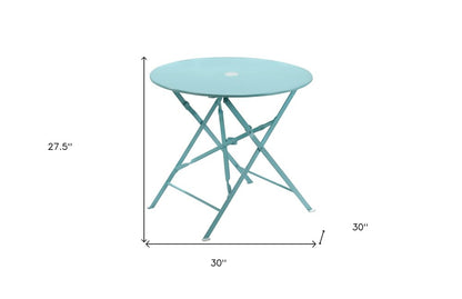 30" Aqua Rounded Aluminum Folding Outdoor Bistro Table with Umbrella Hole