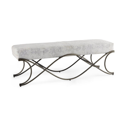 55" Dark Gray and Nickel Chenille and Metal Upholstered Bench