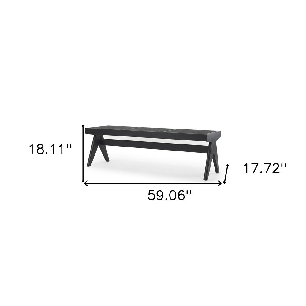 59" Black Solid Wood and Cane Dining Bench