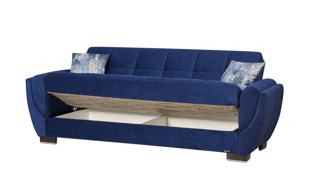 93" Blue Microfiber Convertible Futon Sleeper Sofa And Toss Pillows With Storage