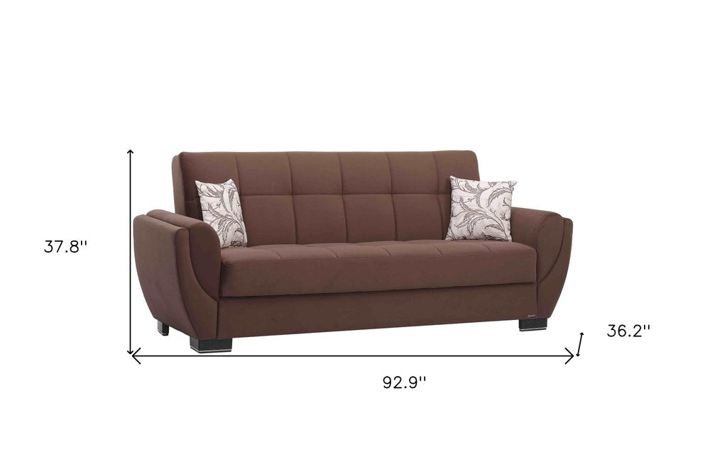 93" Brown Microfiber Convertible Futon Sleeper Sofa And Toss Pillows With Storage