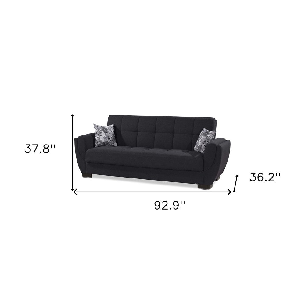 93" Dark Blue Chenille Convertible Futon Sleeper Sofa And Toss Pillows With Storage