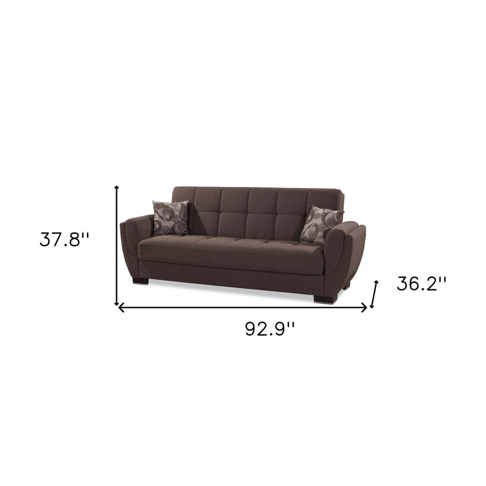 93" Brown Chenille Convertible Futon Sleeper Sofa And Toss Pillows With Storage