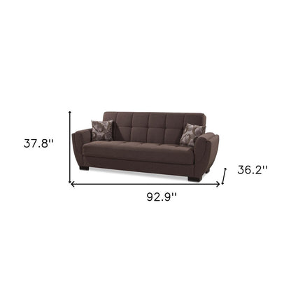 93" Brown Chenille Convertible Futon Sleeper Sofa And Toss Pillows With Storage