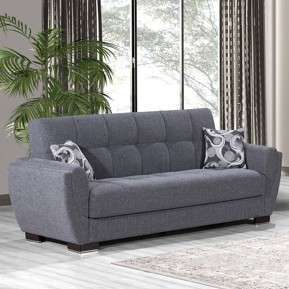 93" Gray Chenille Convertible Futon Sleeper Sofa And Toss Pillows With Storage