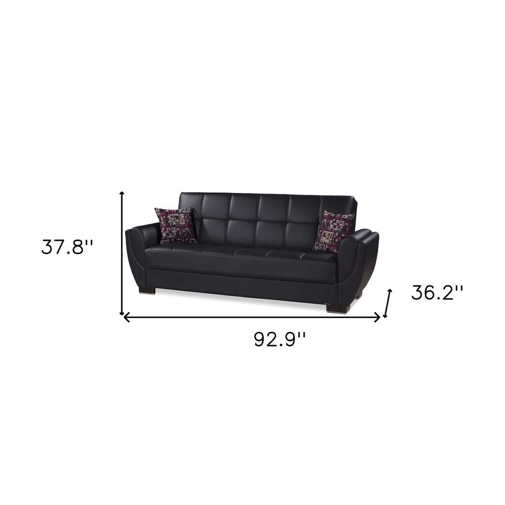 93" Black Faux Leather Convertible Futon Sleeper Sofa And Toss Pillows With Storage