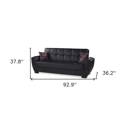 93" Black Faux Leather Convertible Futon Sleeper Sofa And Toss Pillows With Storage
