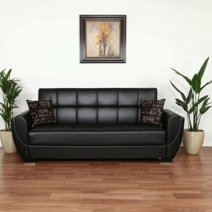 93" Black Faux Leather Convertible Futon Sleeper Sofa And Toss Pillows With Storage