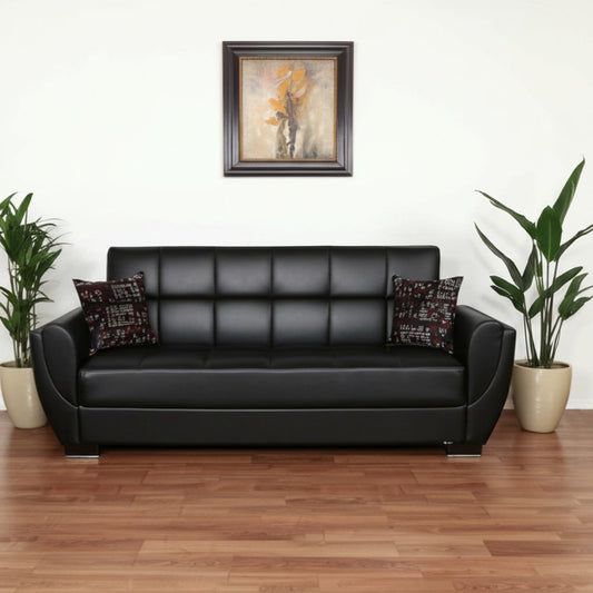 93" Black Faux Leather Convertible Futon Sleeper Sofa And Toss Pillows With Storage