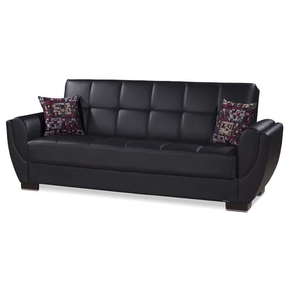 93" Black Faux Leather Convertible Futon Sleeper Sofa And Toss Pillows With Storage