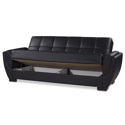 93" Black Faux Leather Convertible Futon Sleeper Sofa And Toss Pillows With Storage