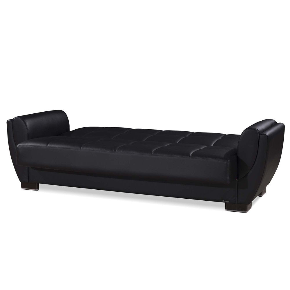 93" Black Faux Leather Convertible Futon Sleeper Sofa And Toss Pillows With Storage
