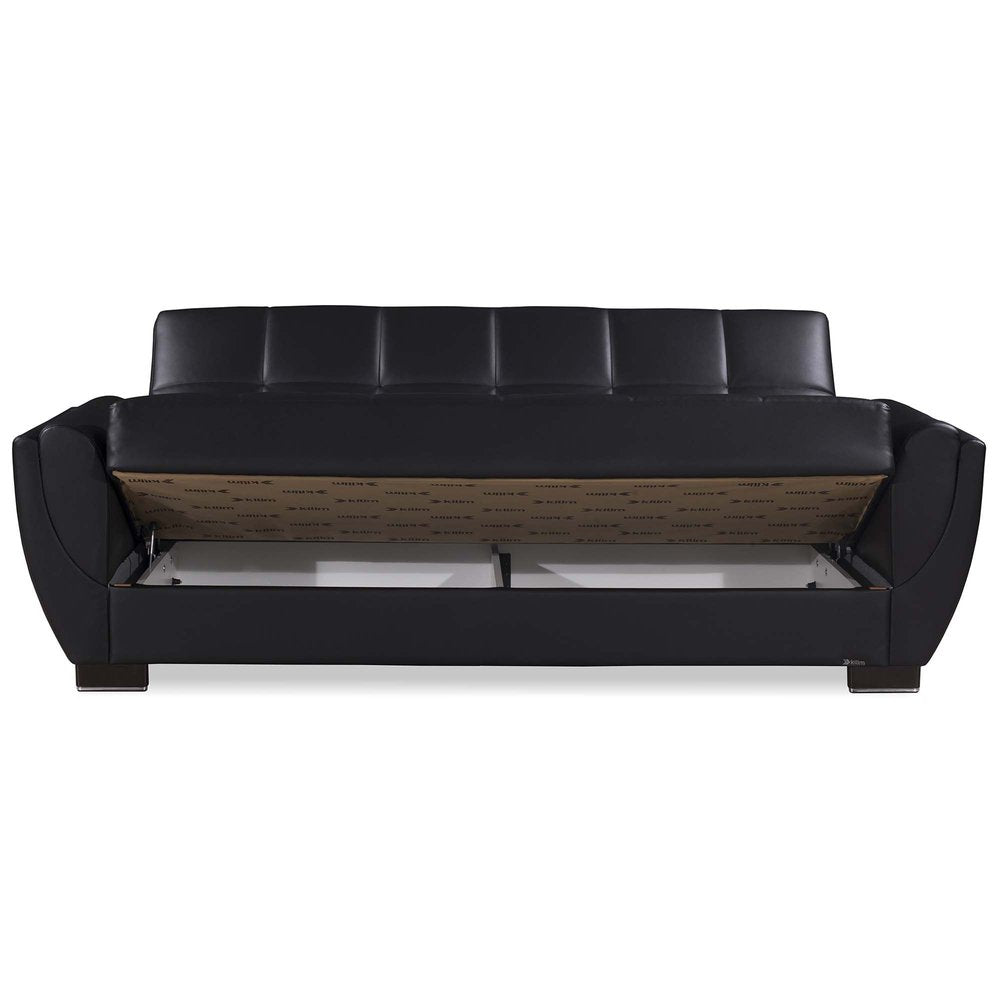 93" Black Faux Leather Convertible Futon Sleeper Sofa And Toss Pillows With Storage