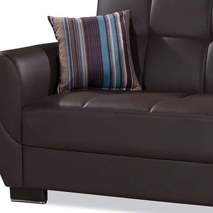 93" Brown Faux Leather Convertible Futon Sleeper Sofa And Toss Pillows With Storage