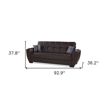 93" Brown Faux Leather Convertible Futon Sleeper Sofa And Toss Pillows With Storage