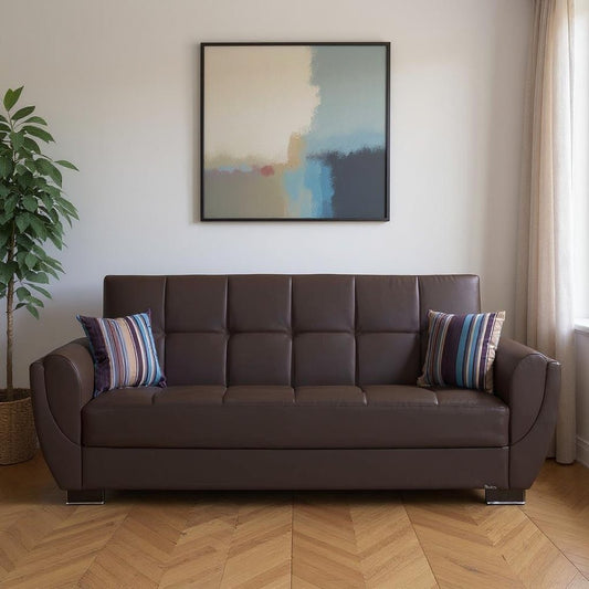 93" Brown Faux Leather Convertible Futon Sleeper Sofa And Toss Pillows With Storage