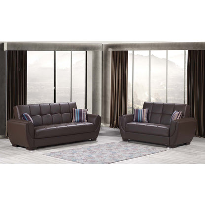 93" Brown Faux Leather Convertible Futon Sleeper Sofa And Toss Pillows With Storage