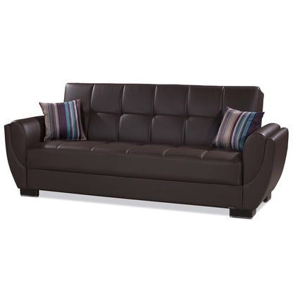 93" Brown Faux Leather Convertible Futon Sleeper Sofa And Toss Pillows With Storage