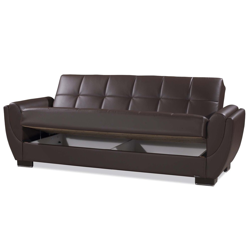 93" Brown Faux Leather Convertible Futon Sleeper Sofa And Toss Pillows With Storage